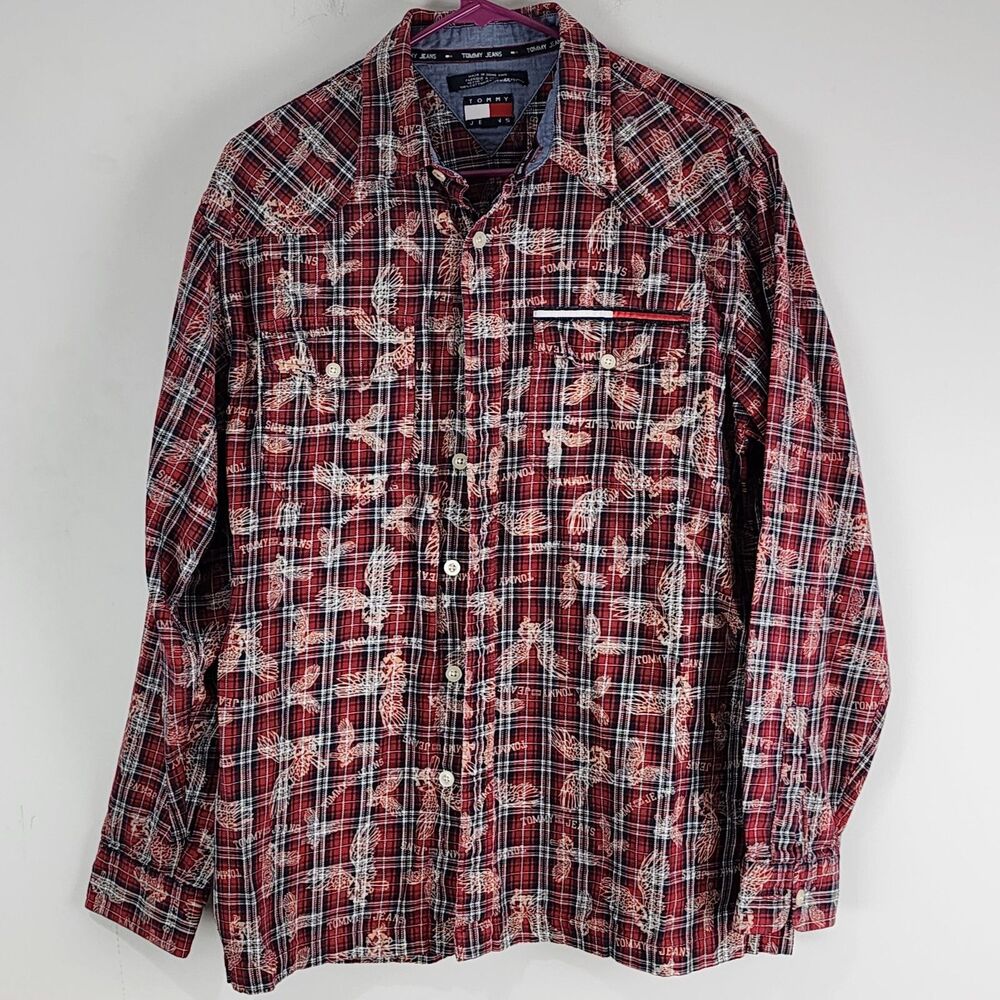 Tommy Hilfiger Men's Medium Button Up Flannel Red Plaid Long Sleeve Tommy Jeans
